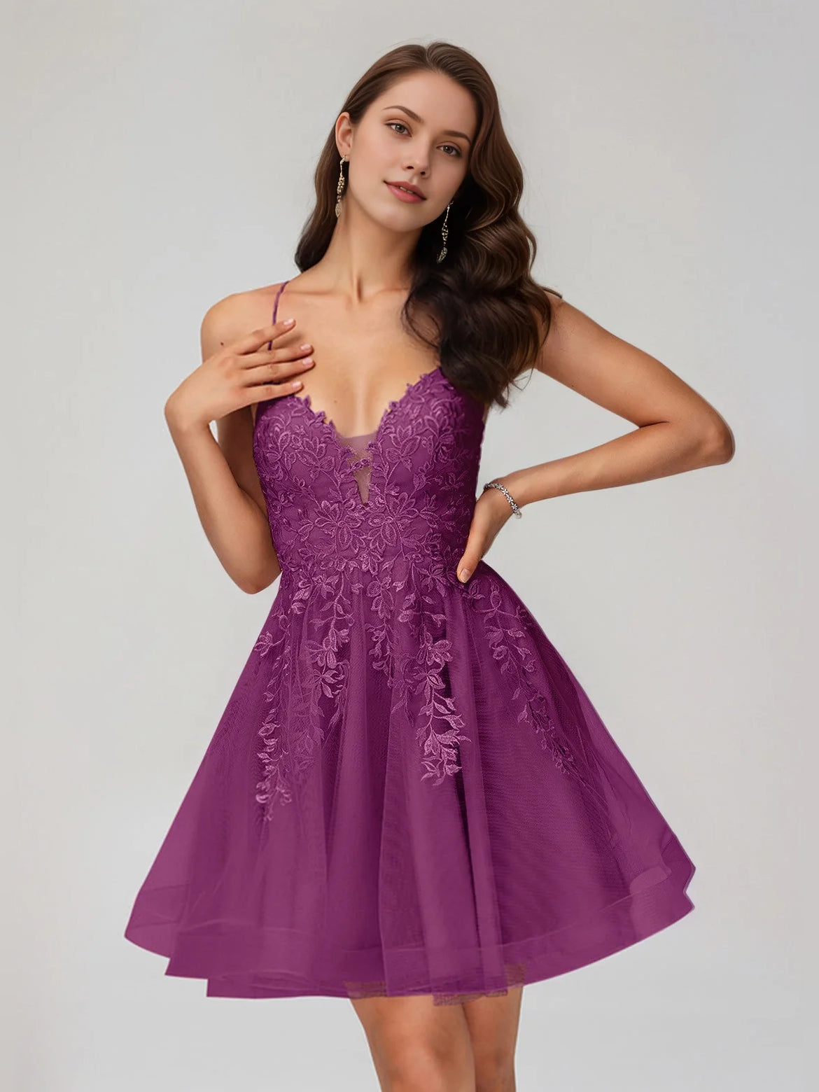 Bow Flower-Applique Floral V Neck A-Line Mini Satin Homecoming Dress for Seaside Reception