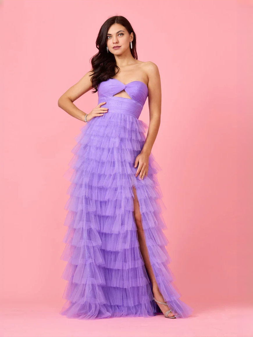 Cut-Out Tiered Slit Strapless A-Line Maxi Tulle Prom Dress for Evening Banquet