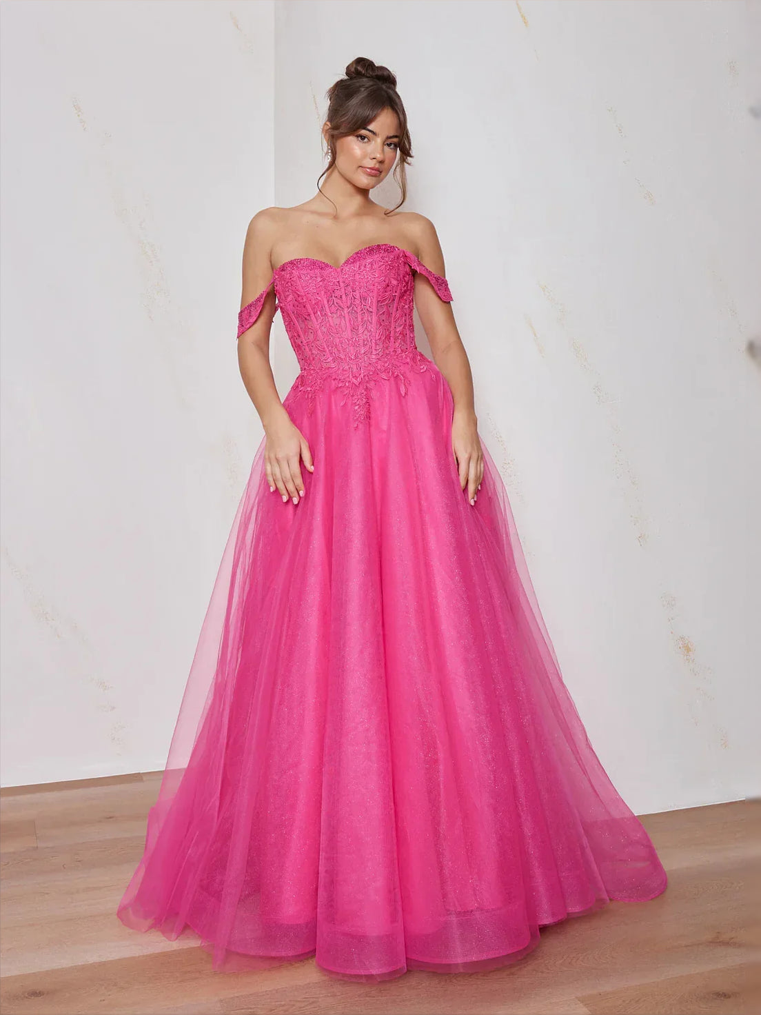 Corset Glitter Off Shoulder A-Line Maxi Tulle Prom Dress for Spring Formal