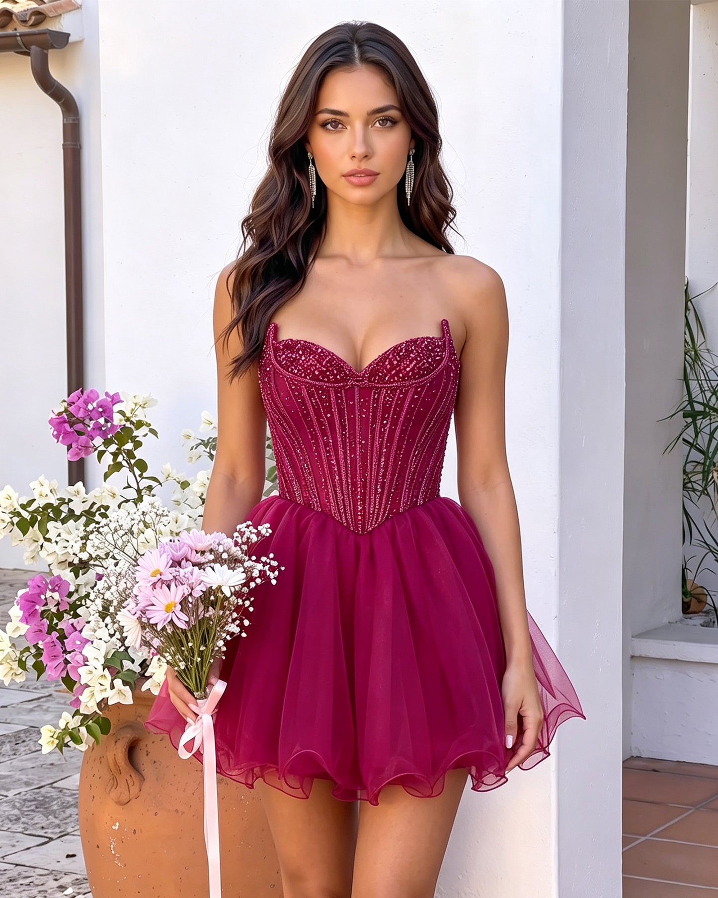 Strapless Sweetheart Beaded Corset Tulle A-Line Mini Homecoming Dress
