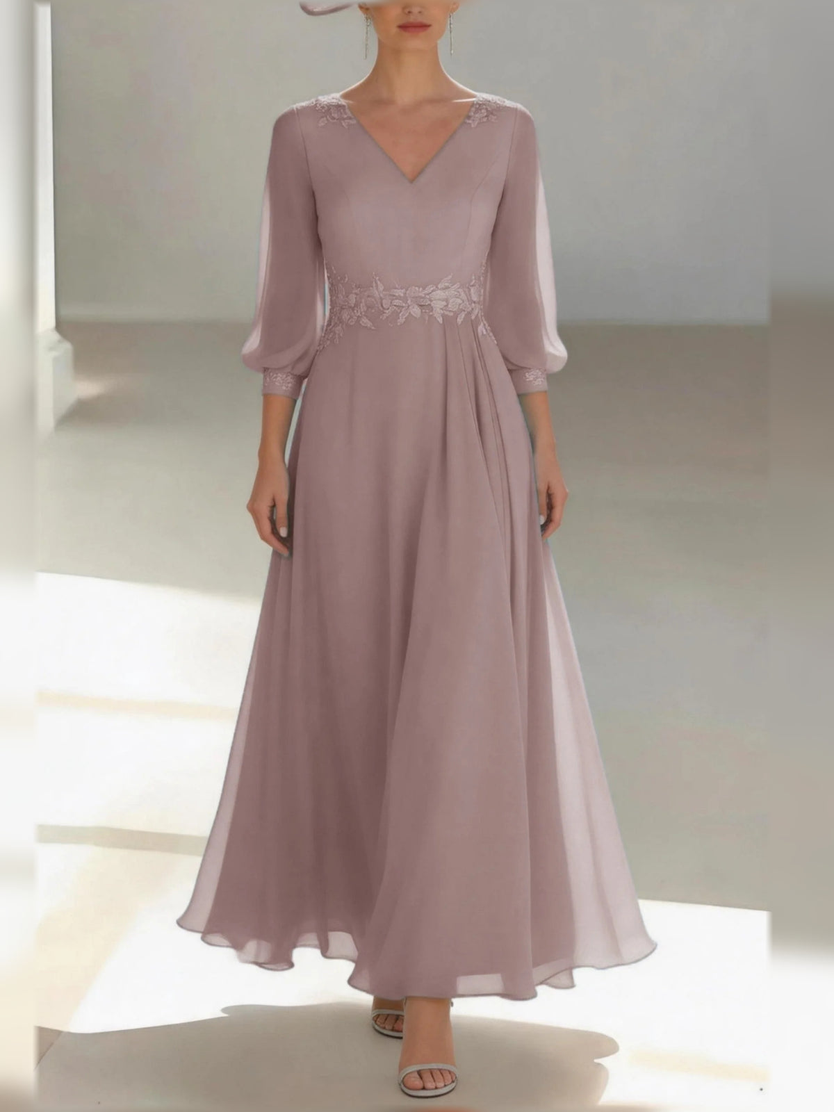Draped Layered Floral V Neck A-Line Floor-Length Chiffon Mother of the Bride Dress for Engagement Dinner