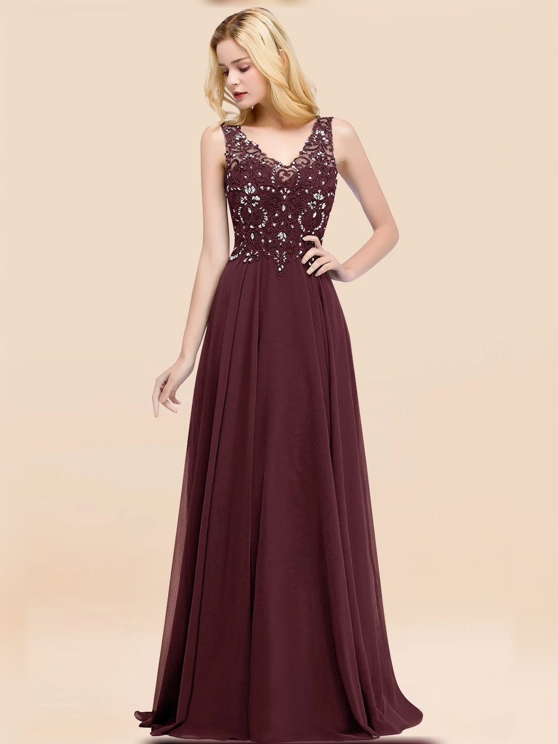 V Neck A-Line Floor-Length Chiffon Bridesmaid Dress for Formal Wedding