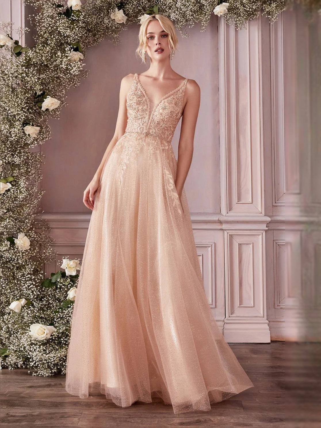 Beaded Embroidered V Neck A-Line Floor-Length Tulle Prom Dress for Prom Night