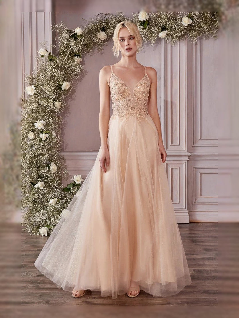 Layered Beaded Floral V Neck A-Line Floor-Length Tulle Prom Dress for Winter Formal