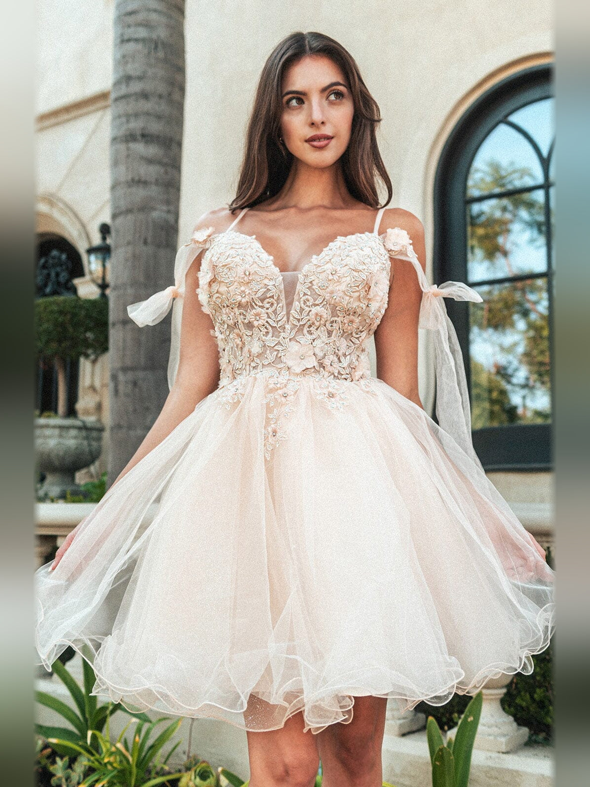 Bow Flower-Applique Floral V Neck A-Line Short Tulle Homecoming Dress for Formal Dinner
