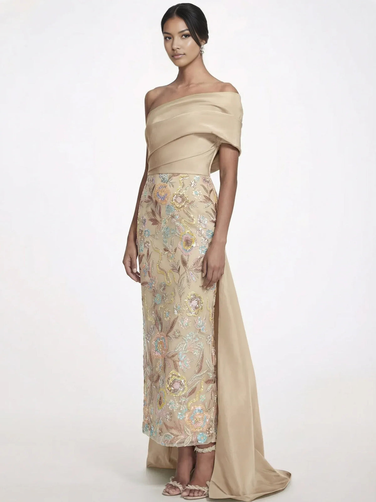 Floral Print One-Shoulder Sequin Floor-Length Formal Dress