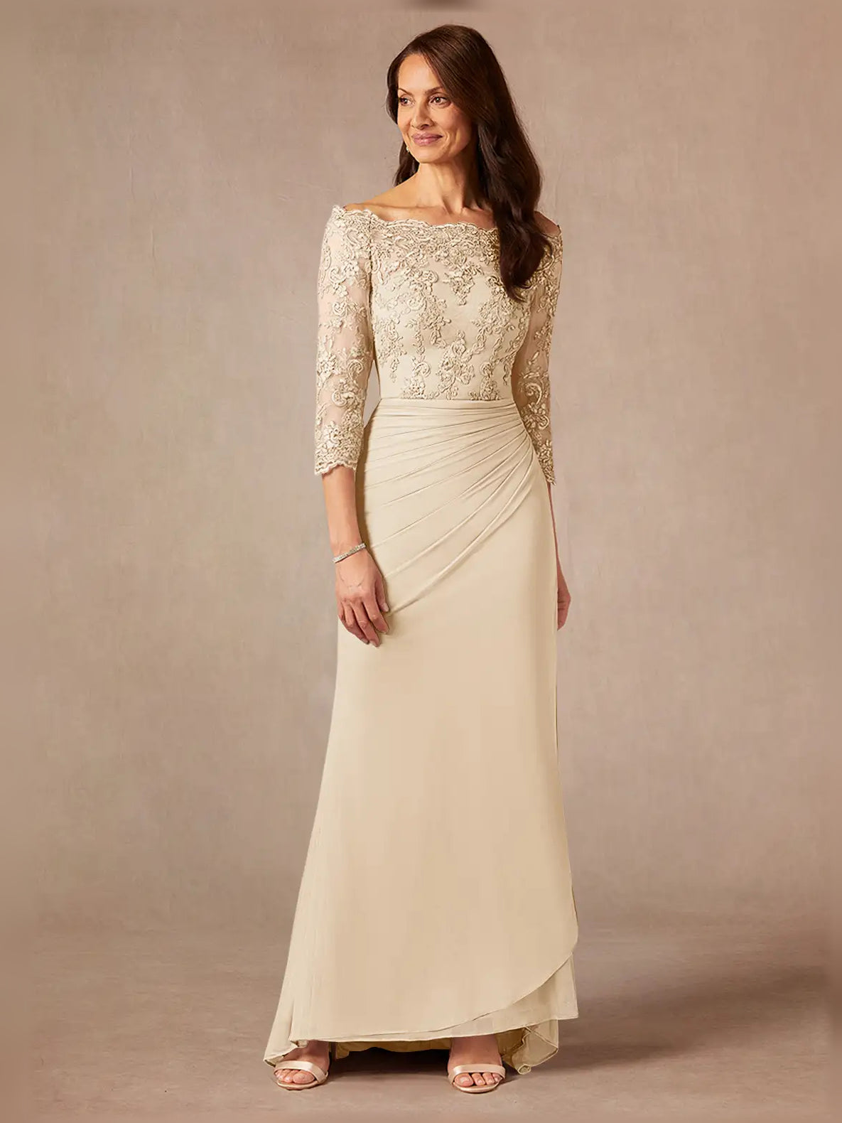 Ruched Off Shoulder Sheath Maxi Chiffon Mother of the Bride Dress for Wedding Reception