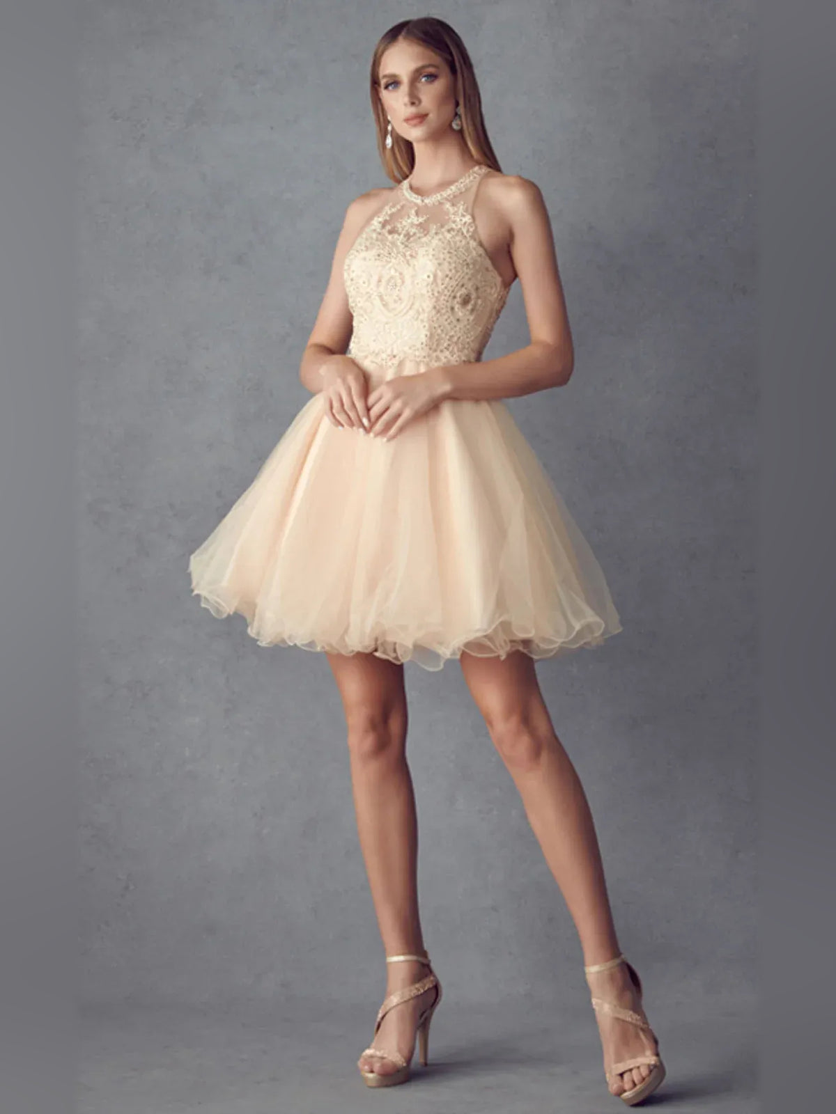 Beaded Halter Neck A-Line Short Tulle Homecoming Dress for Rooftop Reception