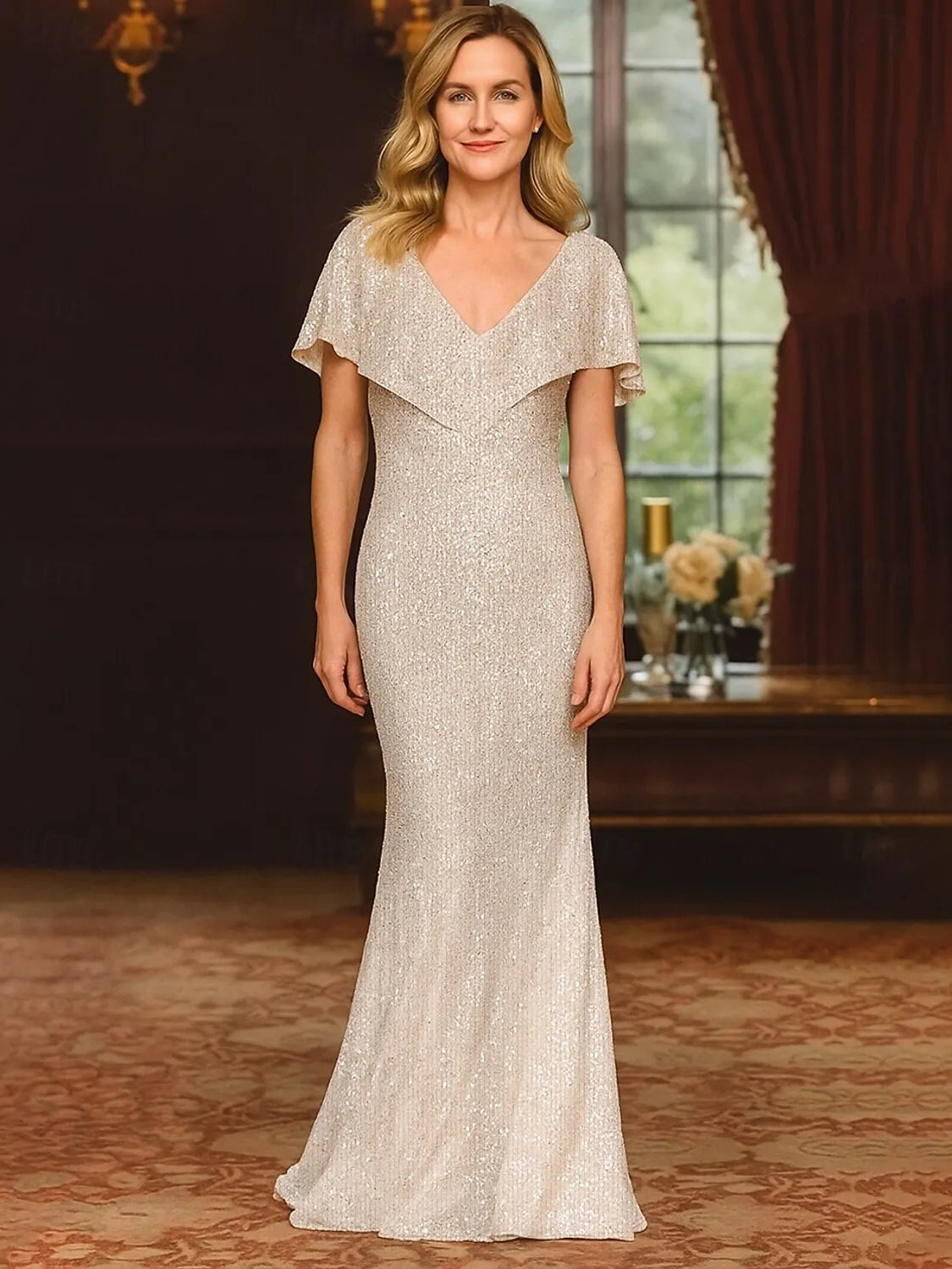 Beaded Sequin V Neck Sheath Floor-Length Mother of the Bride Dress for Evening Wedding