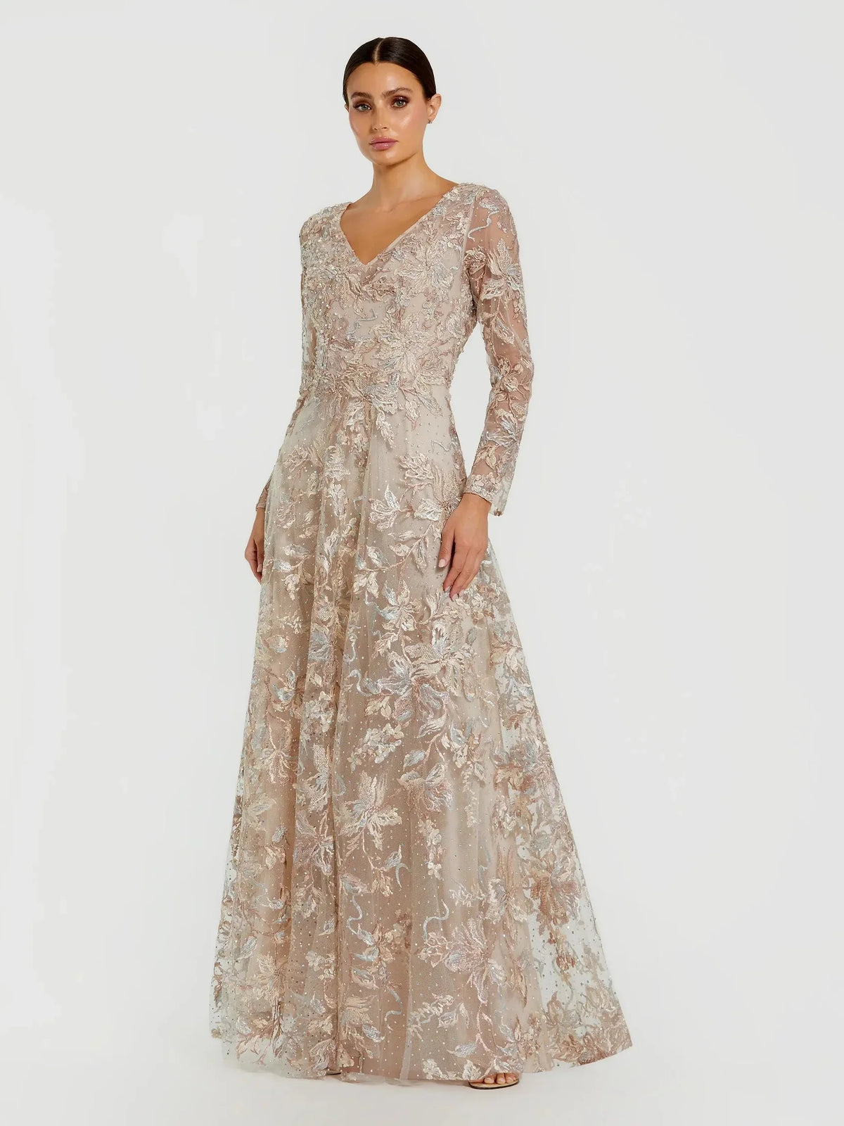 Floral Print V Neck Long Sleeves Floor-Length Embroidered Formal Dress