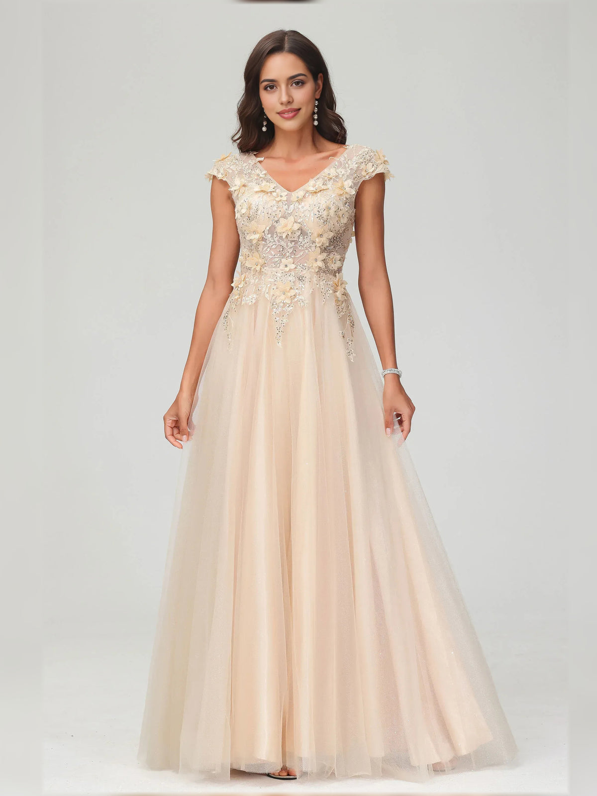 Floral Print V Neck Floral Appliqué Floor-Length Ethereal Formal Dress