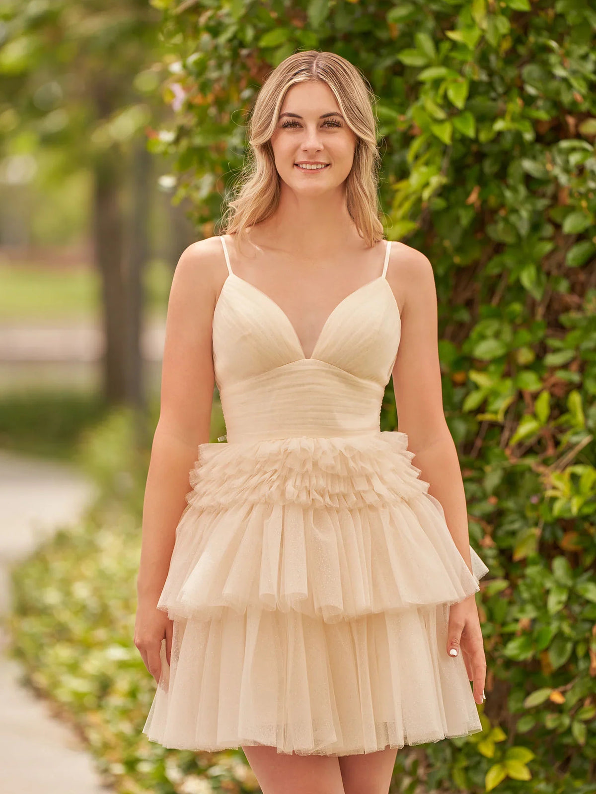 Ruched Draped Ruffled V Neck A-Line Mini Tulle Homecoming Dress for Museum Gala