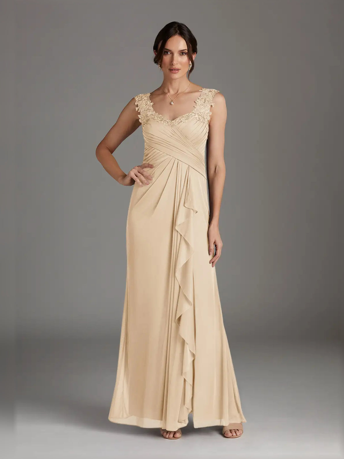 Draped Ruffled Slit V Neck A-Line Maxi Chiffon Mother of the Bride Dress for Garden Wedding