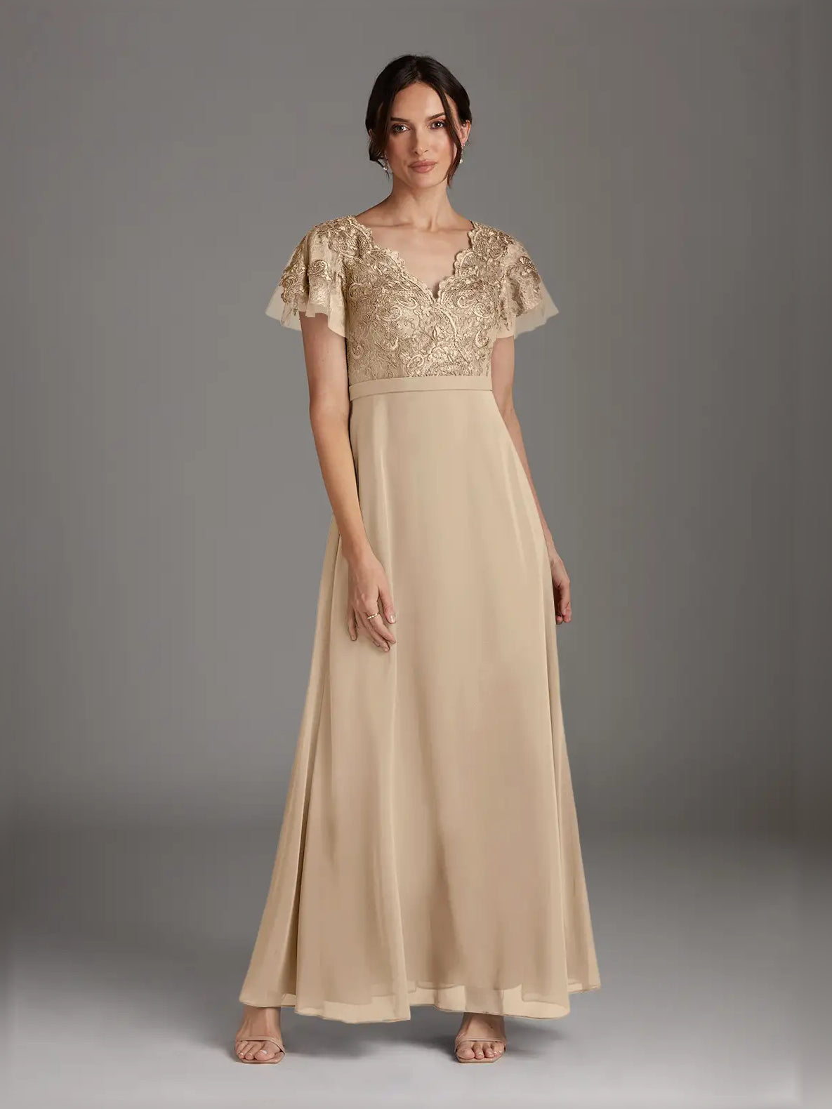 V Neck A-Line Floor-Length Chiffon Mother of the Bride Dress for Wedding Weekend