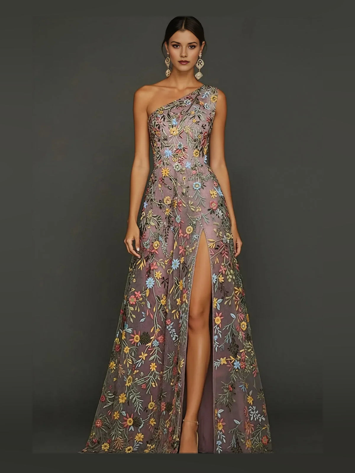 Side-Slit Layered Floral Slit One Shoulder A-Line Maxi Tulle Prom Dress for Celebration Dinner