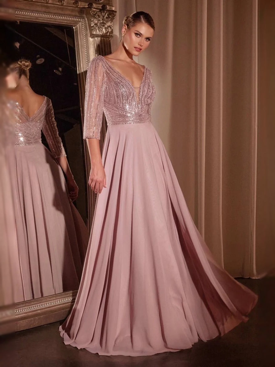 Draped Beaded V Neck A-Line Maxi Chiffon Prom Dress for Winter Formal