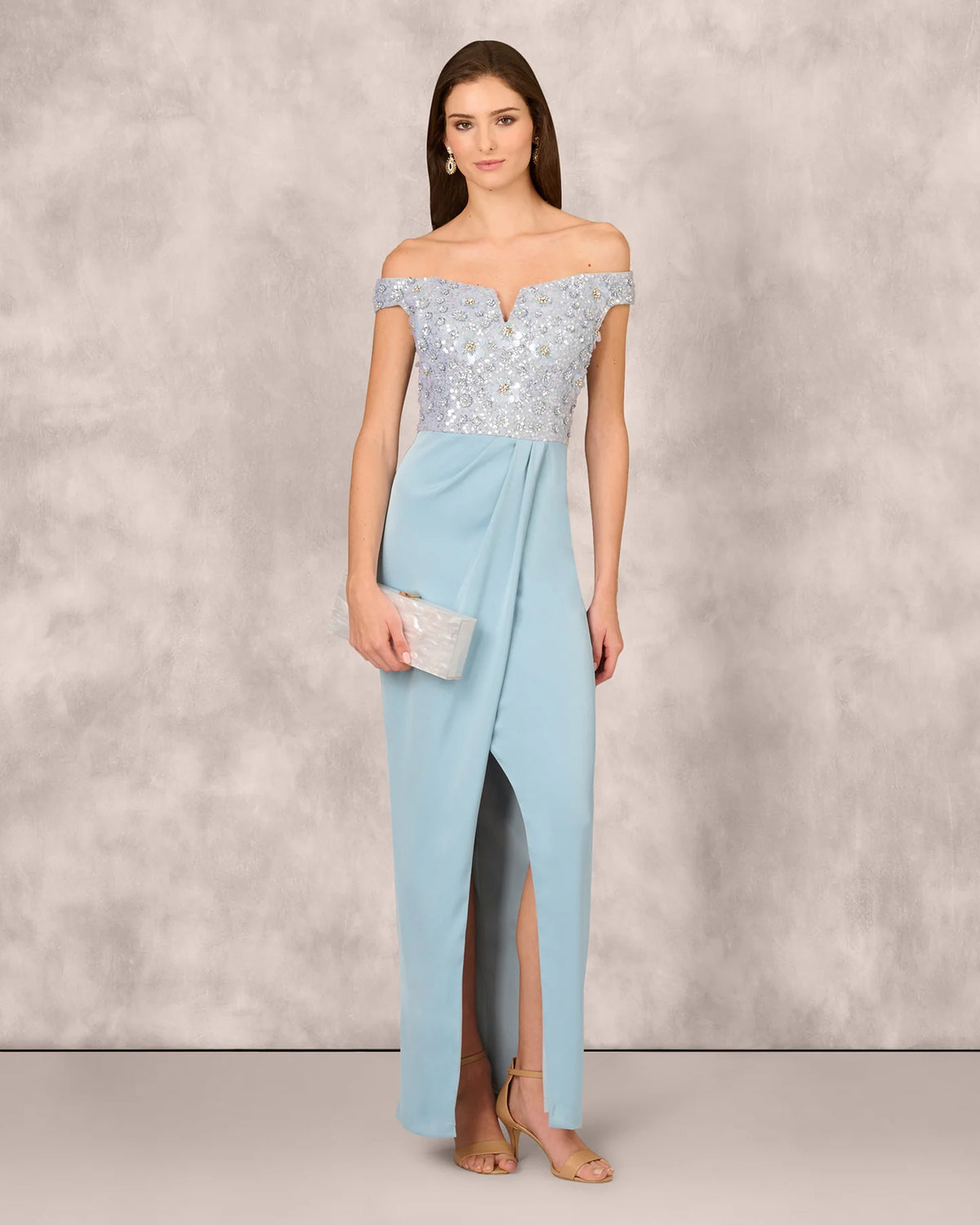 Draped Beaded Off Shoulder Column Floor-Length Mother of the Bride Dress for Destination Wedding