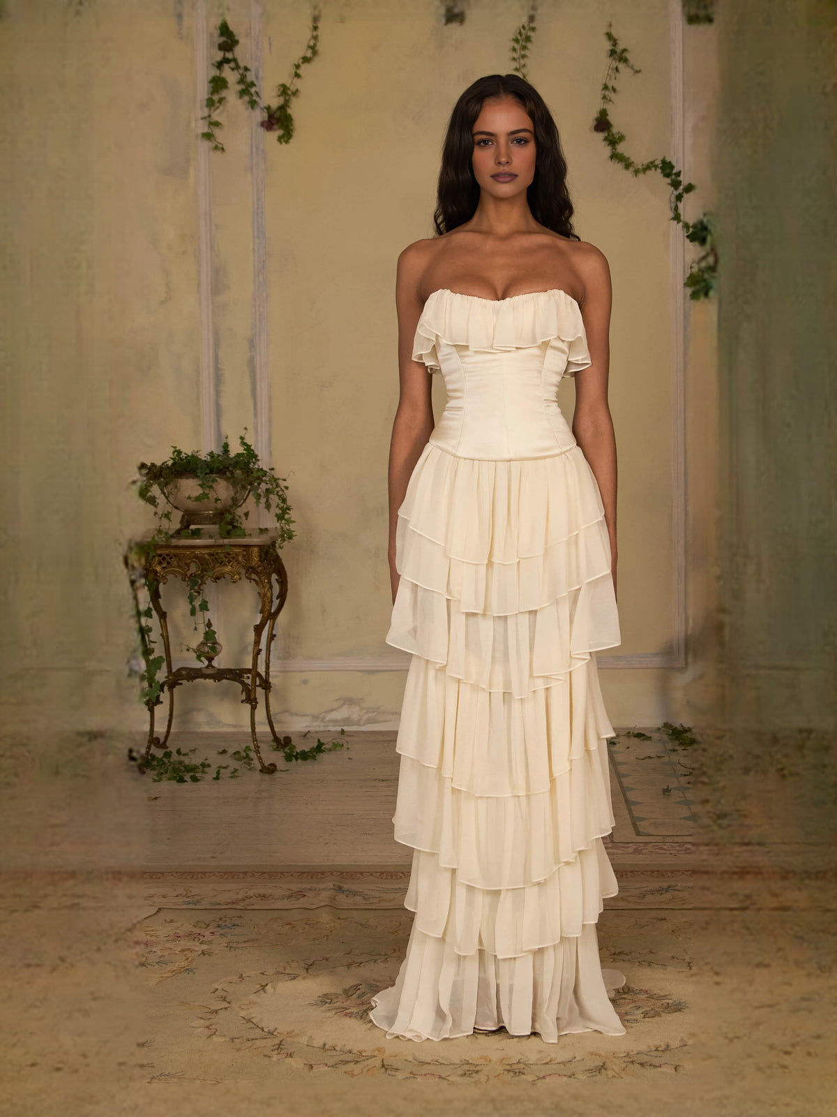 Ivory white Corset Tiered Ruffled Strapless A-Line Floor-Length Chiffon Prom Dress for Celebration Dinner