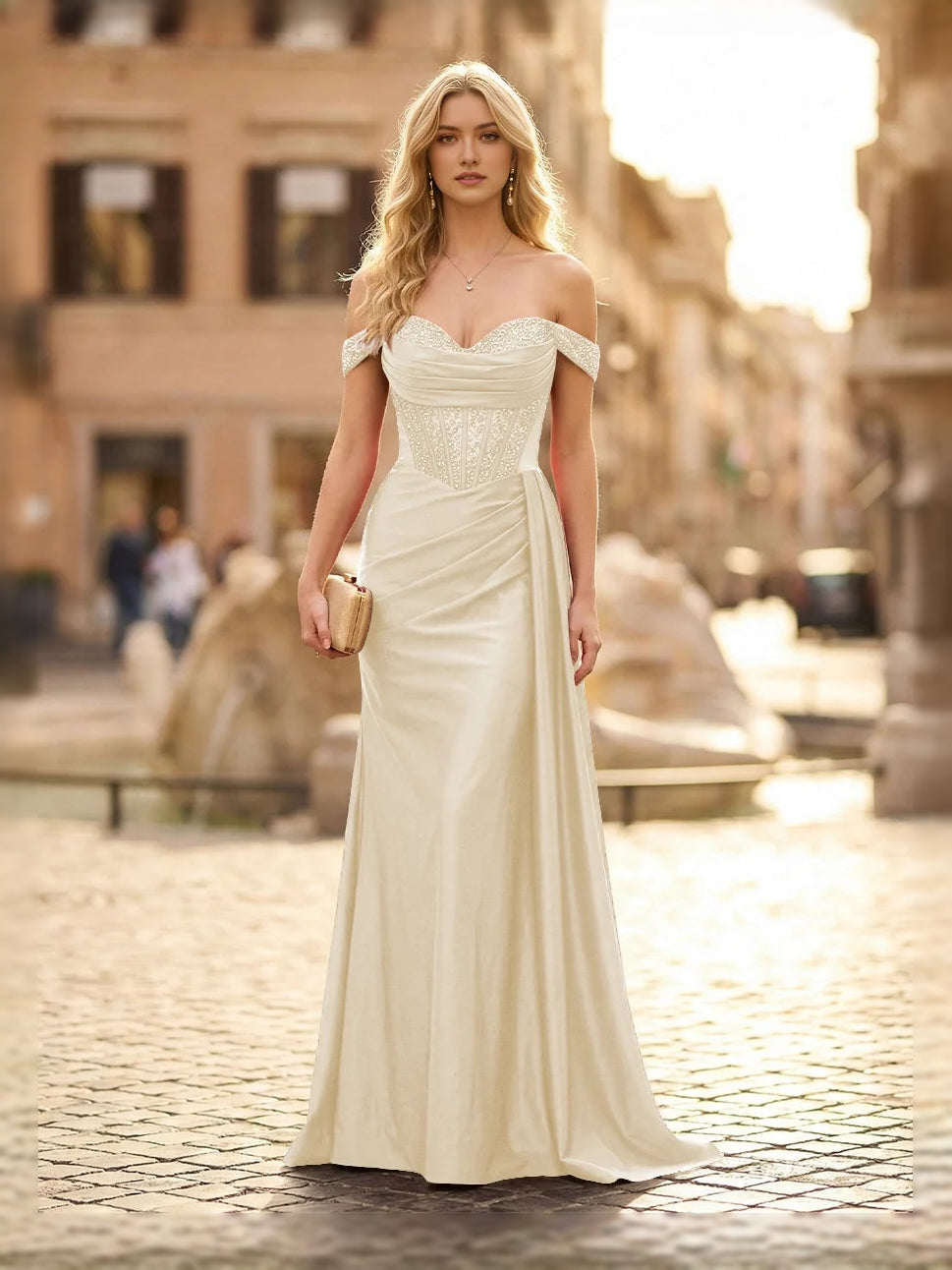 Ruched Draped Off Shoulder Mermaid Maxi Satin Bridesmaid Dress for Estate Wedding