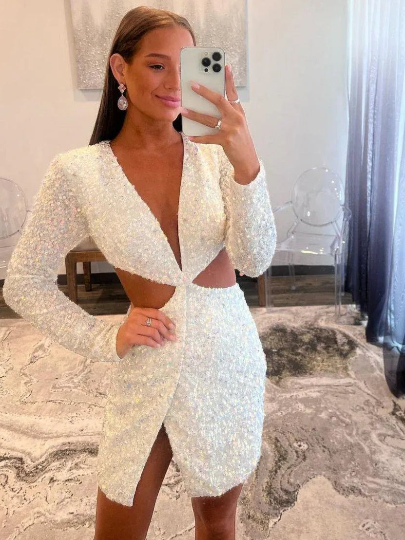 Cut-Out Front-Slit Slit V Neck Bodycon Mini Homecoming Dress for Wedding Guest