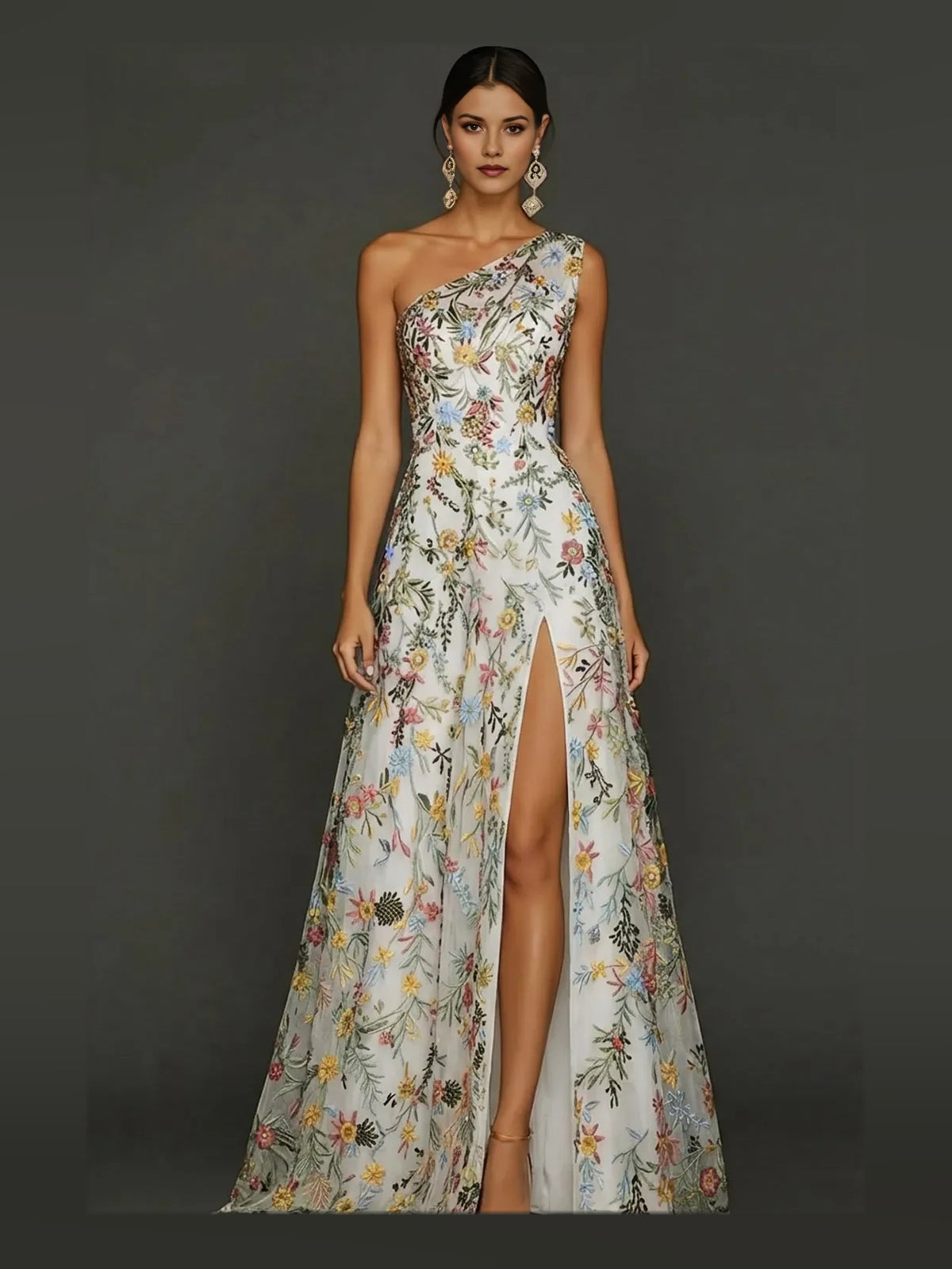 Side-Slit Layered Floral Slit One Shoulder A-Line Maxi Tulle Prom Dress for Celebration Dinner