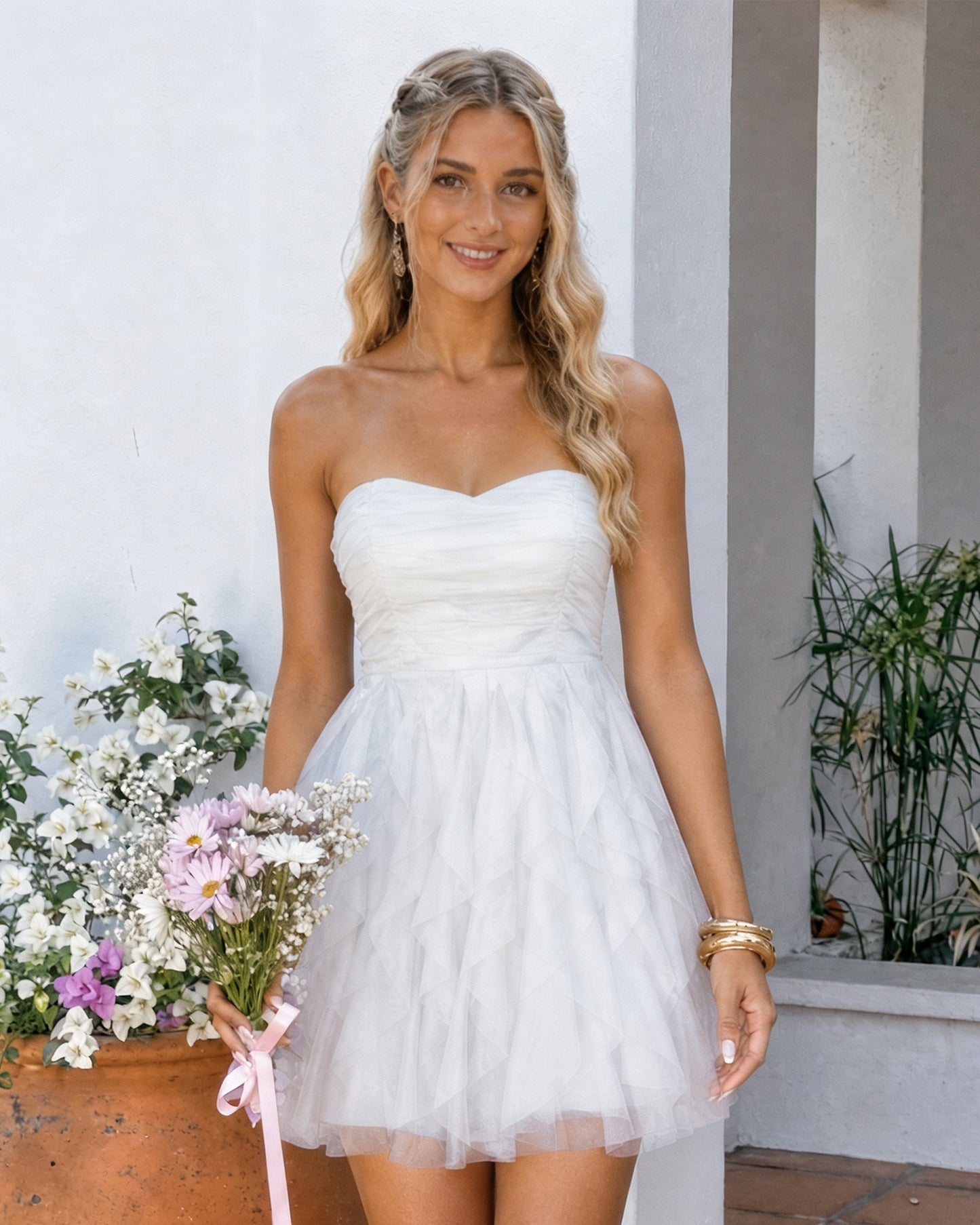 Strapless Ruched Tulle Ruffle A-Line Homecoming Dress