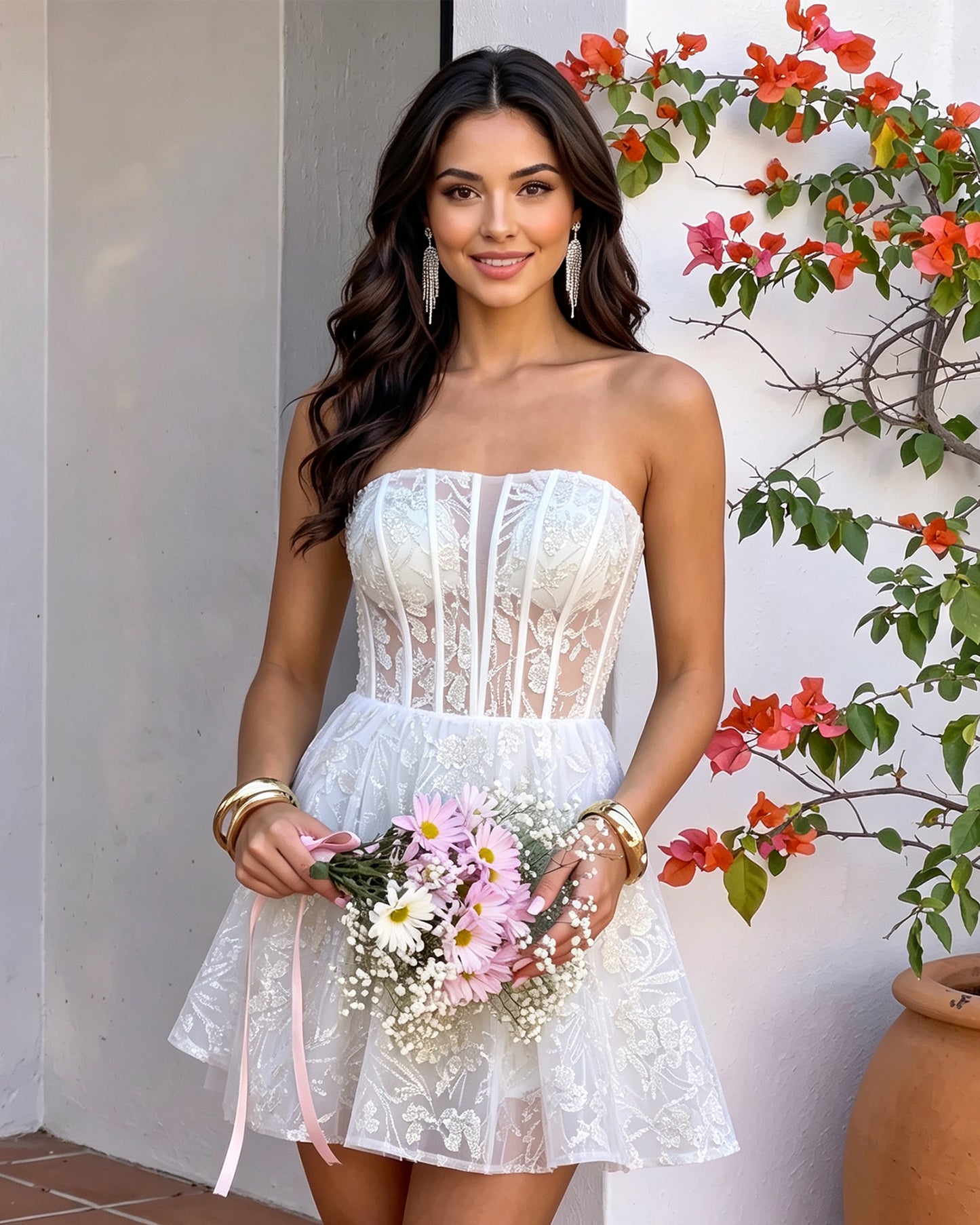 Strapless Floral Lace Corset A-Line Mini Homecoming Dress
