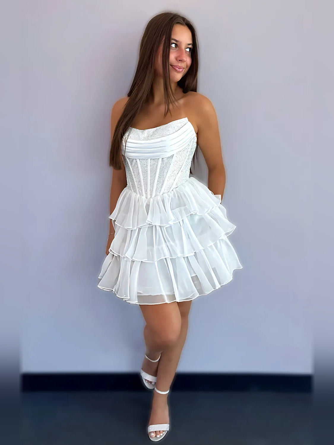 Ruched Corset Ruffled Strapless A-Line Short Chiffon Homecoming Dress for Club Formal