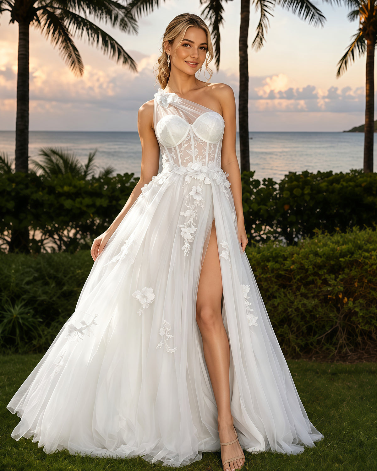 One-Shoulder Floral Applique Tulle A-Line Prom Dress with High Slit