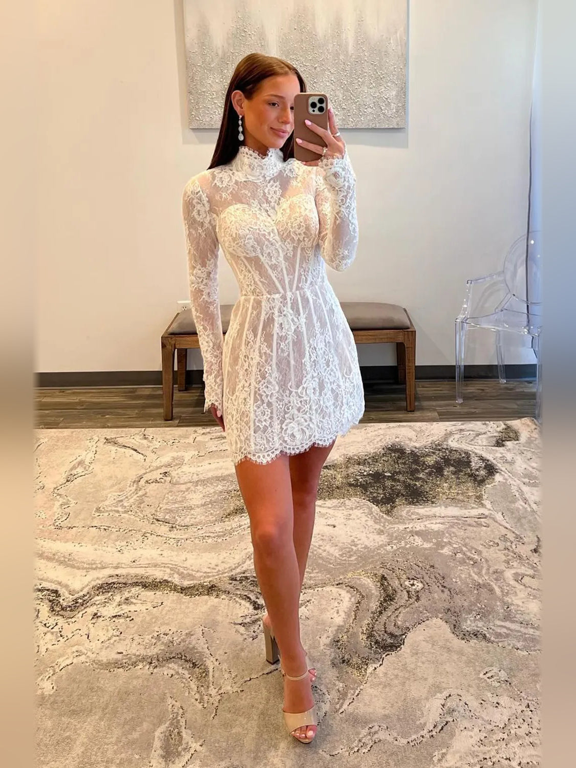 Corset Floral High Neck A-Line Mini Homecoming Dress for Rehearsal Dinner