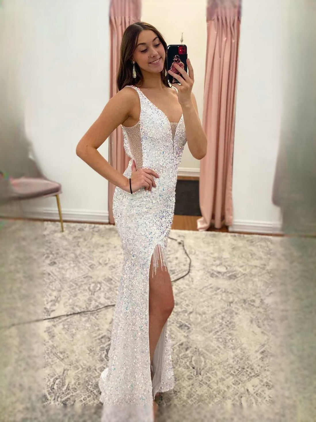 White Draped Cut-Out Slit Backless V Neck Mermaid Maxi Prom Dress for Awards Dinner