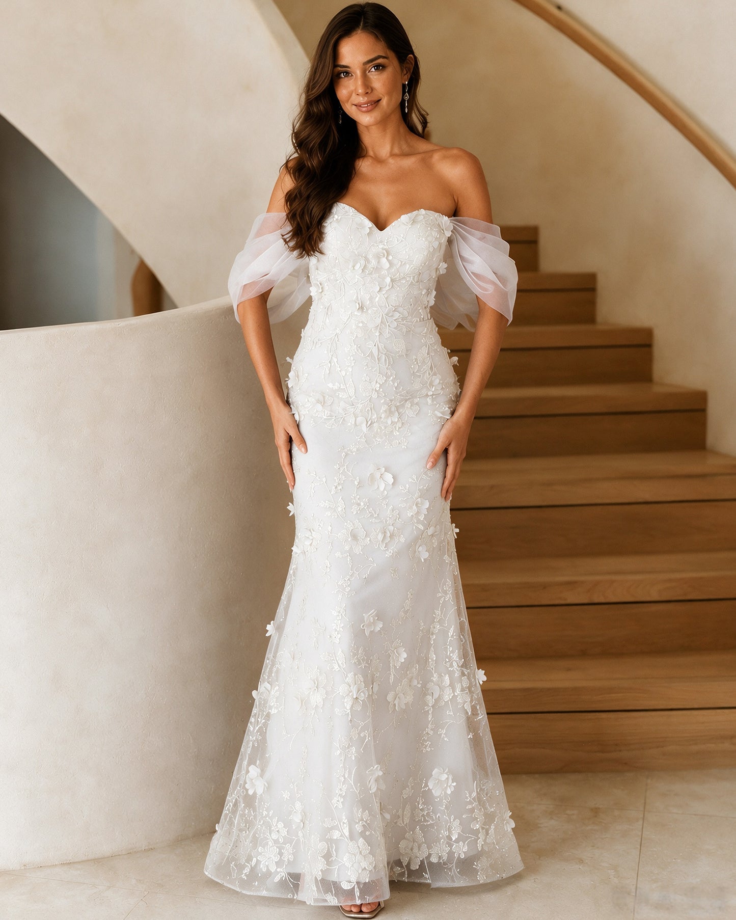 Off-Shoulder 3D Floral Lace Mermaid Prom Dress with Sweetheart Neckline