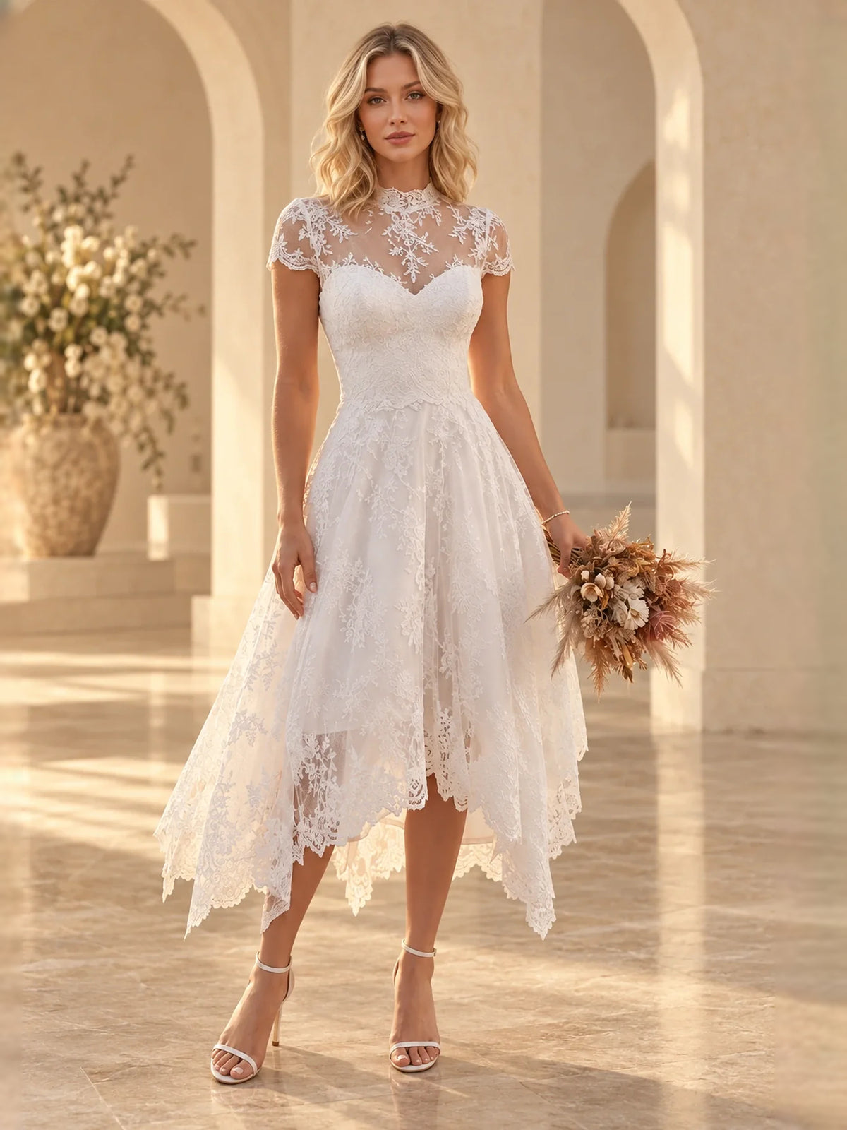 Floral Sweetheart A-Line Tea-Length Wedding Dress for Church Wedding