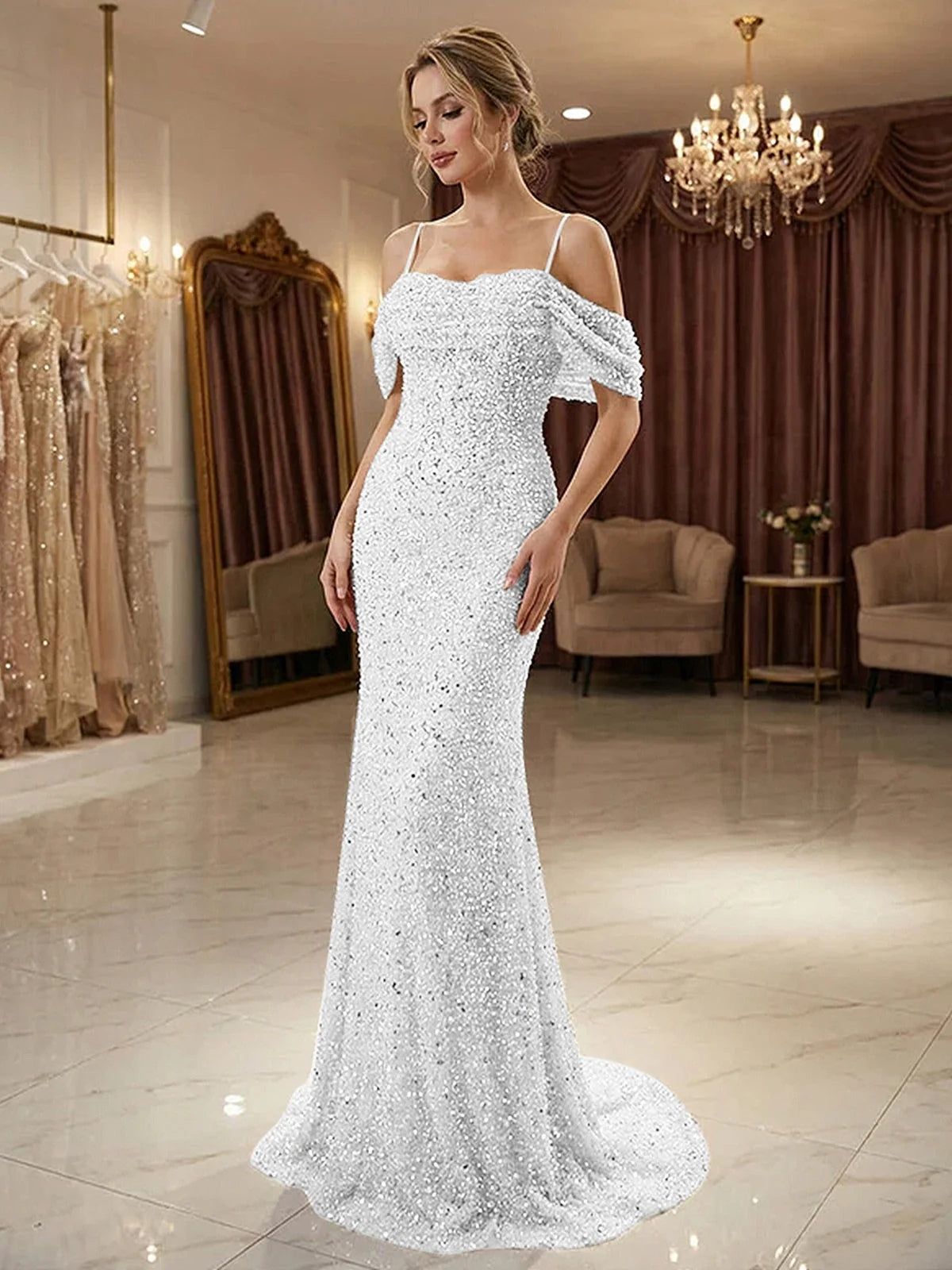 Ruffled Beaded Off Shoulder Mermaid Floor-Length Prom Dress for Prom Night