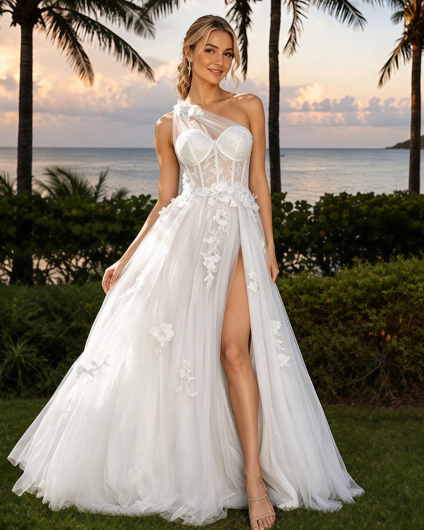 One-Shoulder Floral Applique Tulle A-Line Prom Dress with High Slit