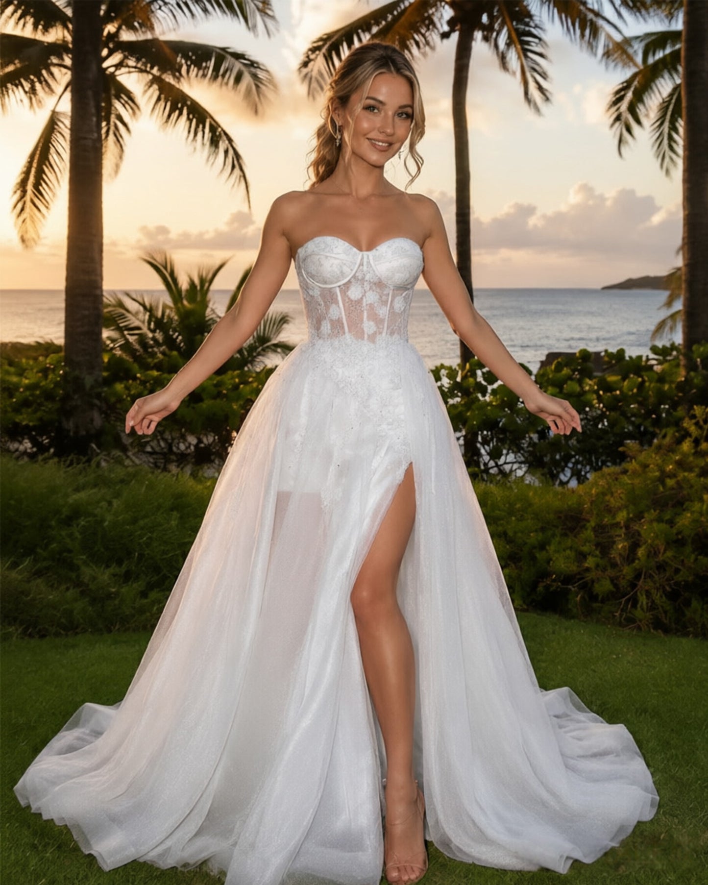 Strapless Floral Applique Tulle A-Line Prom Dress with Corset Bodice and Slit