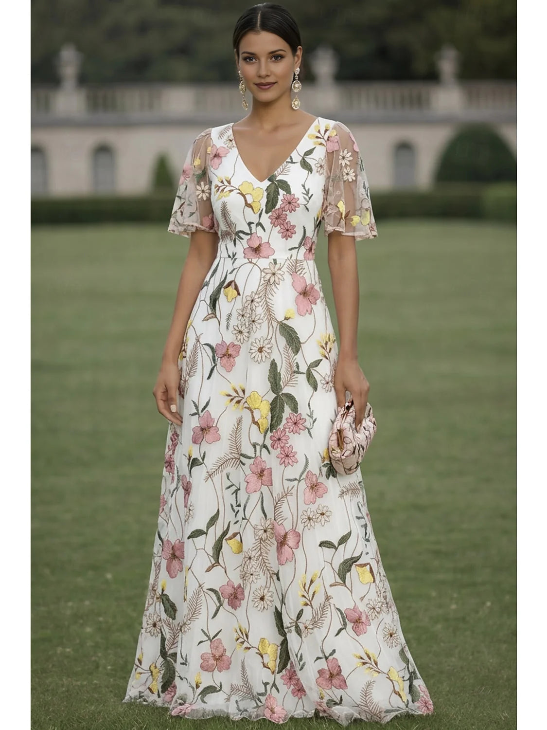 Floral Print V Neck A-Line Maxi Formal Dress
