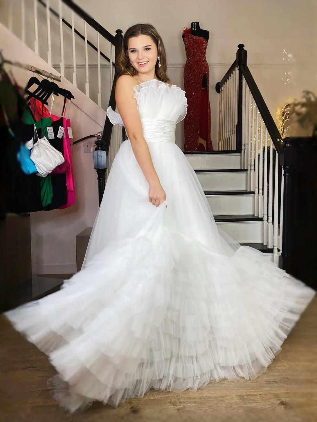 Ruched Draped Ruffled Sweetheart A-Line Maxi Tulle Prom Dress for Evening Event