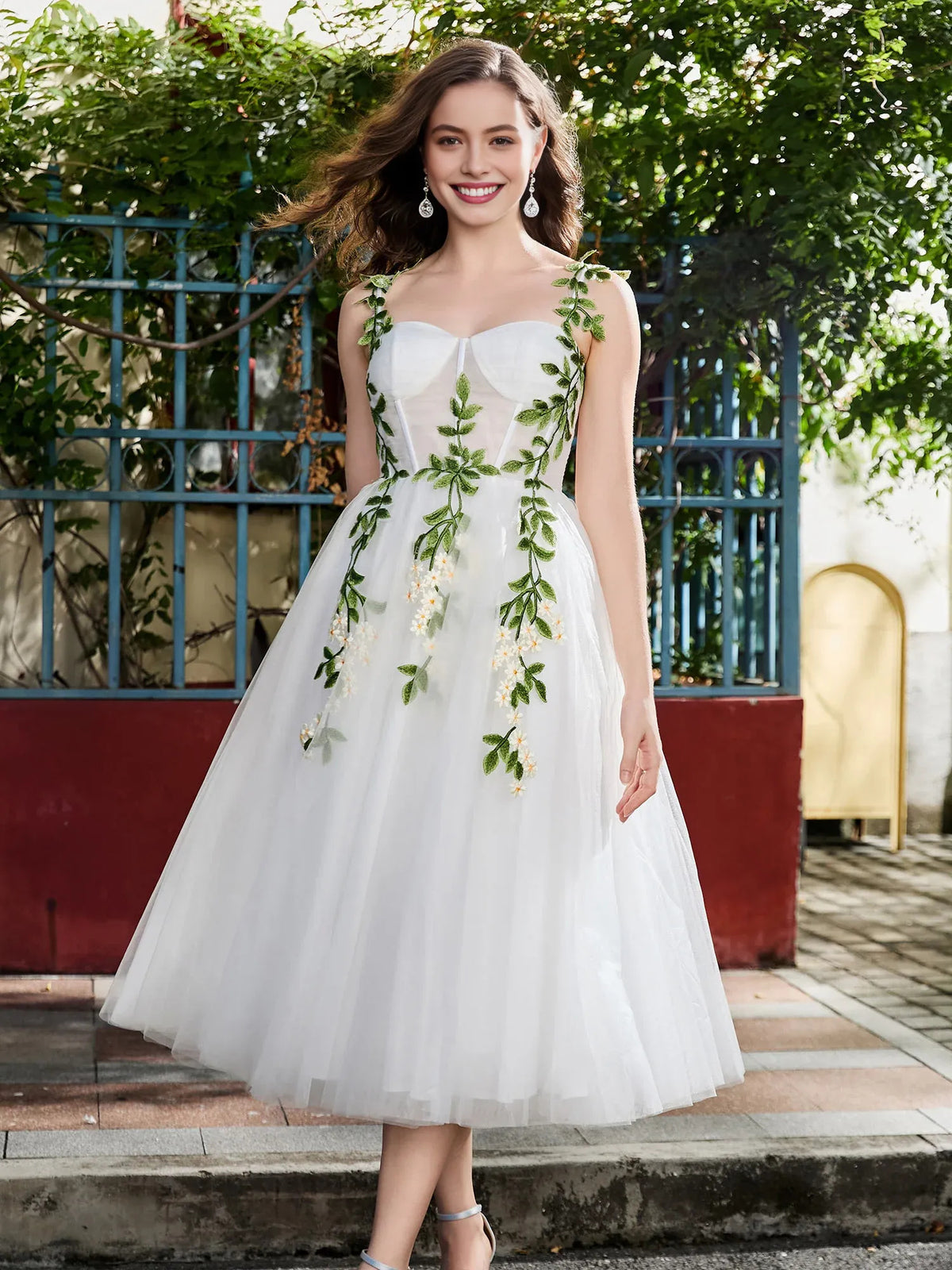 White Corset Embroidered Floral Sweetheart A-Line Midi Tulle Prom Dress for Evening Event