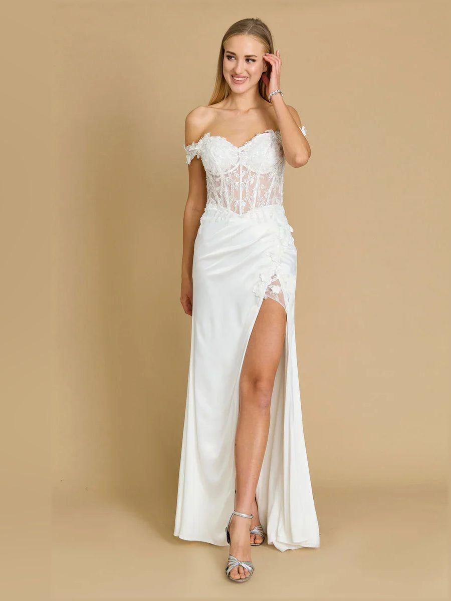 Corset Sequin Slit Off Shoulder Mermaid Floor-Length Satin Prom Dress for Winter Formal