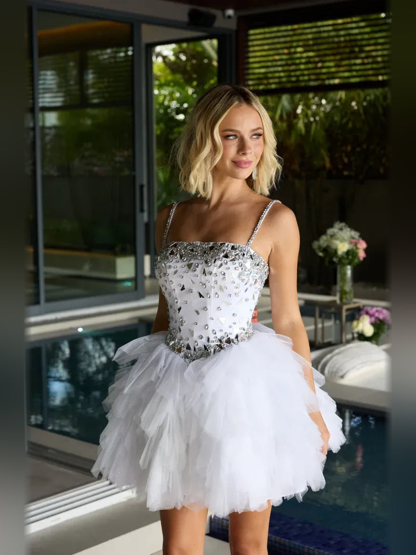 Tiered Beaded Straight Across A-Line Mini Tulle Homecoming Dress for Celebration Dinner