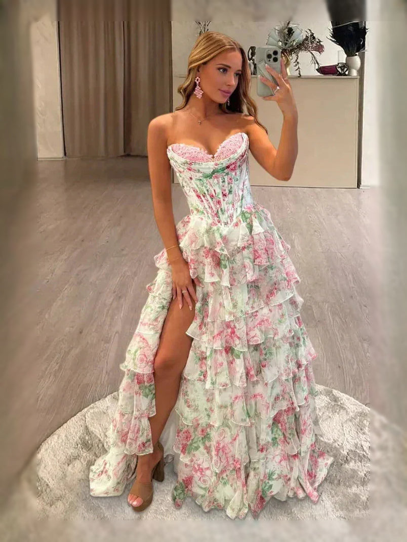 Corset Layered Floral Ruffled Slit Sweetheart A-Line Maxi Tulle Prom Dress for Charity Ball