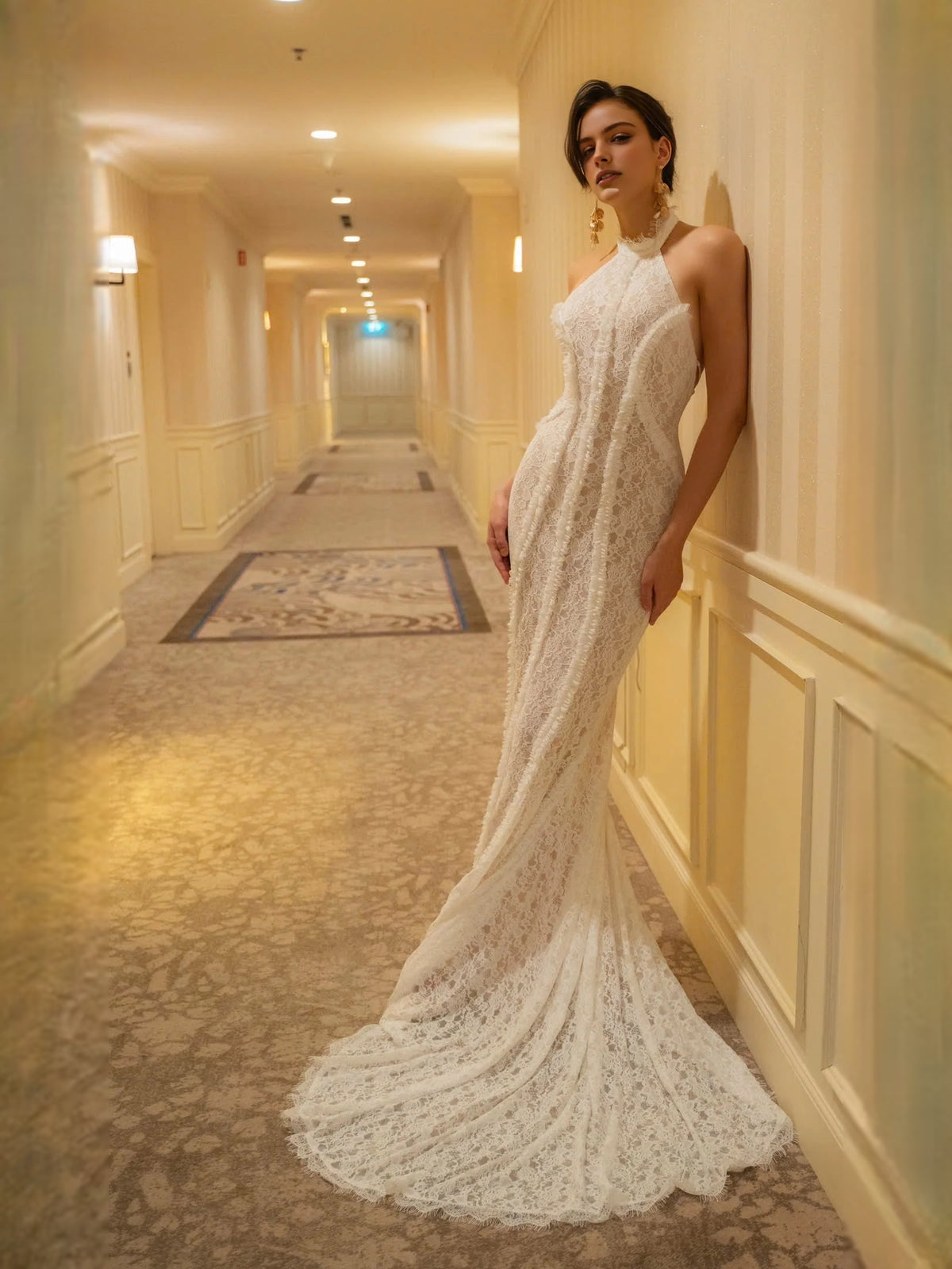 Ivory white Floral Halter Neck Mermaid Floor-Length Satin Prom Dress for Awards Dinner