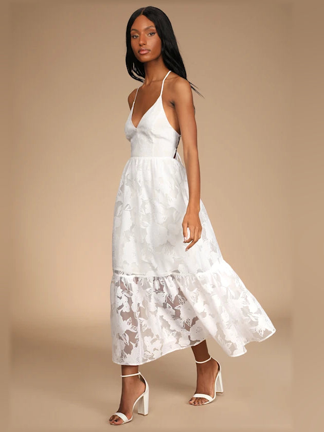 Feeling Like Forever Jacquard Organza Lace-Up Midi Formal Dress