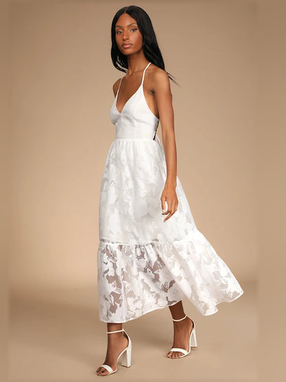 Feeling Like Forever Jacquard Organza Lace-Up Midi Formal Dress