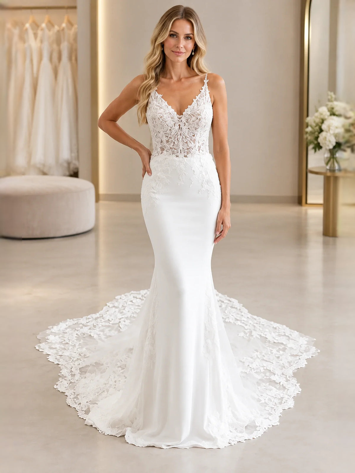 Flower-Applique Floral Backless V Neck Mermaid Floor-Length Wedding Dress for Seaside Wedding