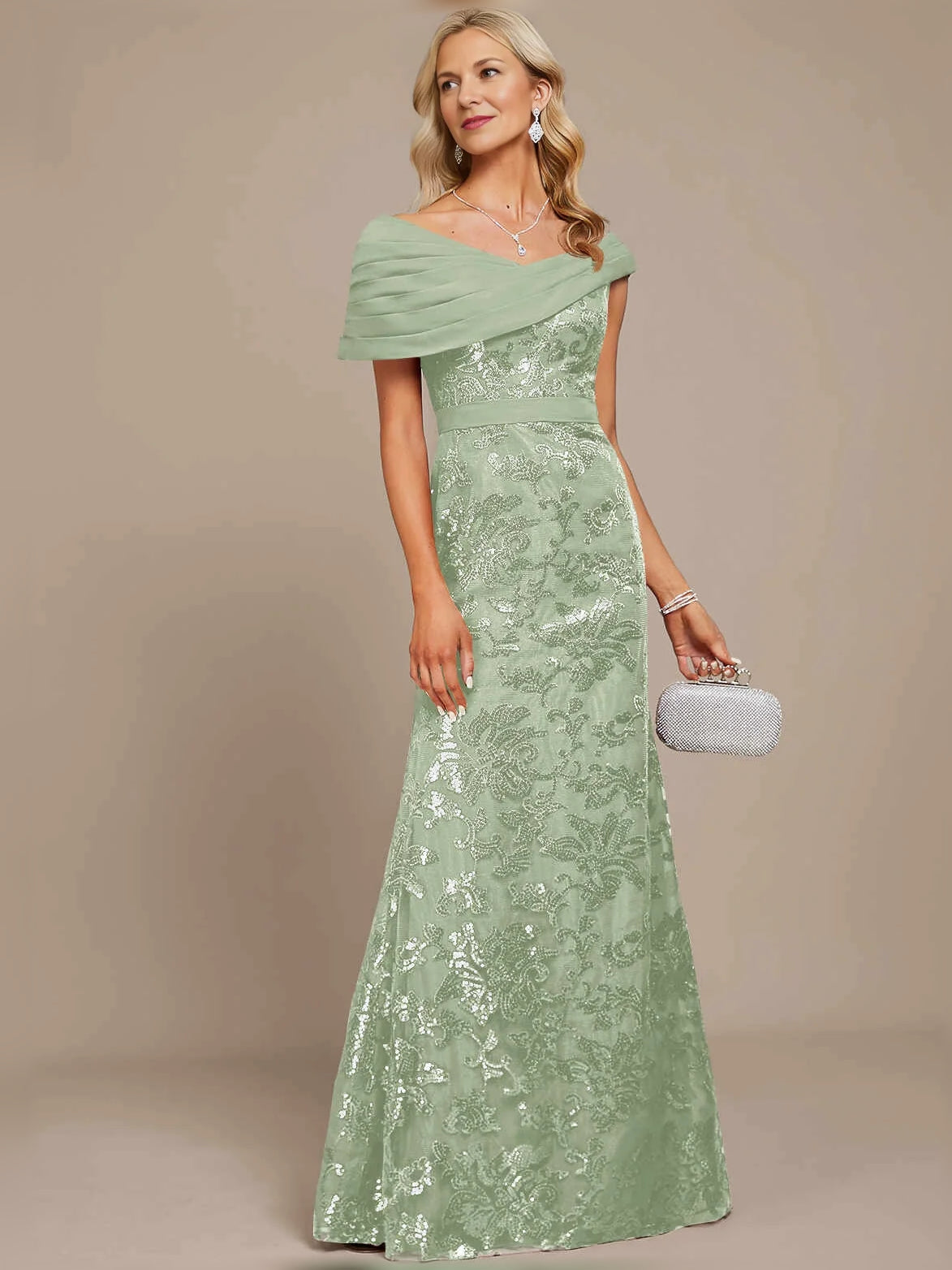 Pleated Draped Floral Off Shoulder Mermaid Maxi Mother of the Bride Dress for Wedding Weekend