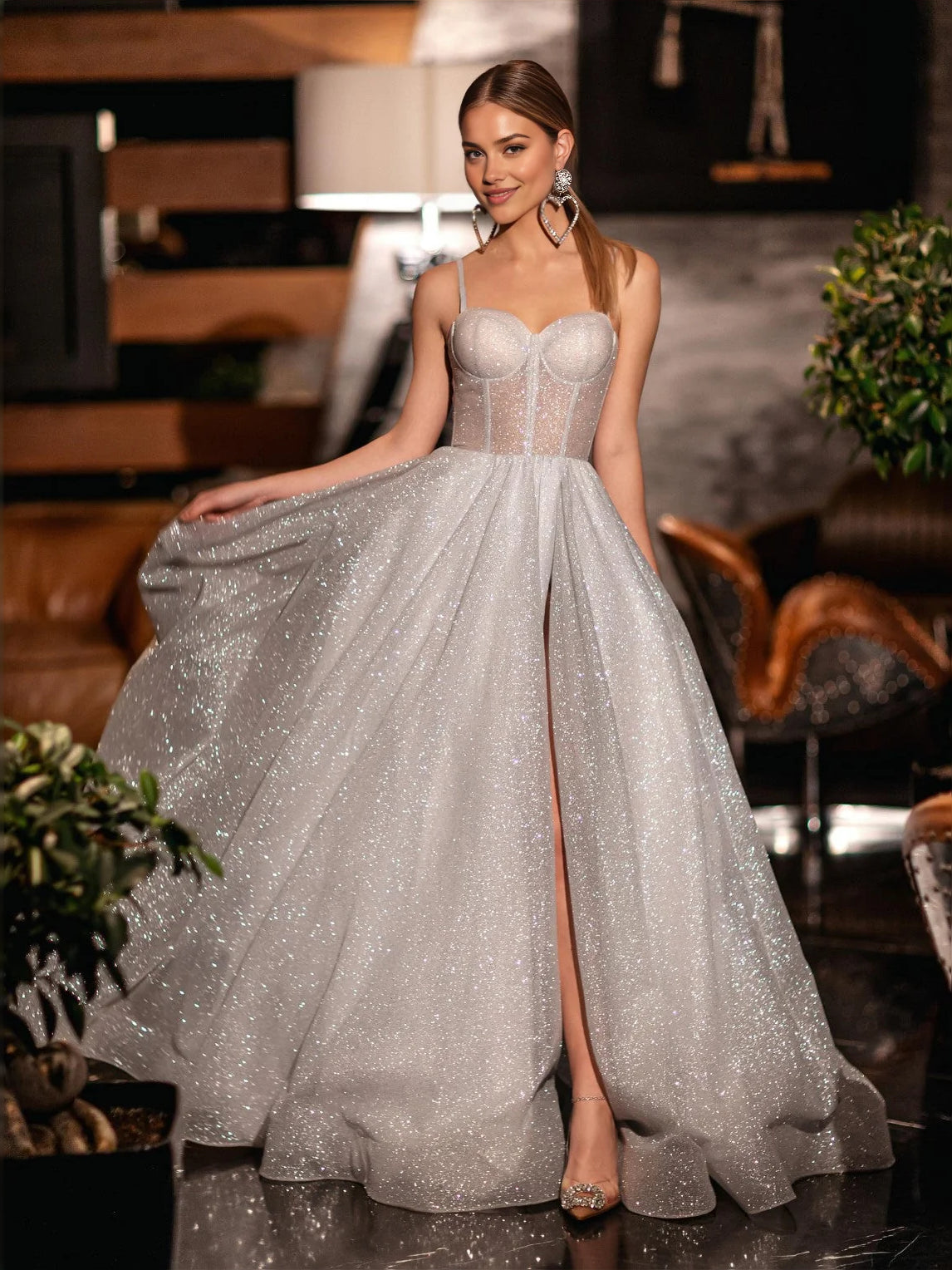 Sequin Glitter Slit Strapless A-Line Floor-Length Tulle Prom Dress for Gala