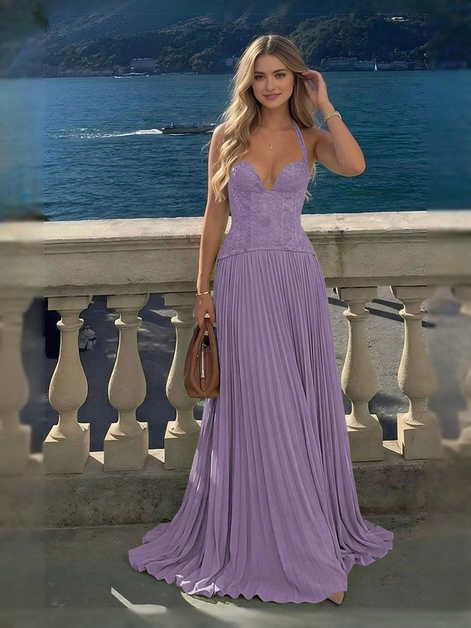 Pleated Corset Floral Sweetheart A-Line Maxi Chiffon Bridesmaid Dress for Destination Wedding
