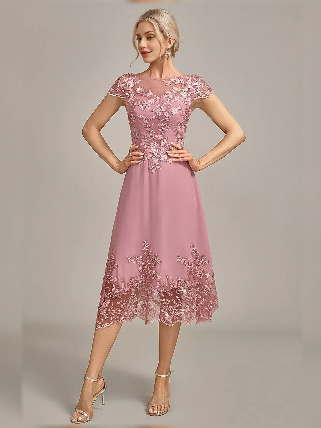 Draped Floral Illusion Neck A-Line Knee-Length Chiffon Mother of the Bride Dress for Wedding Reception